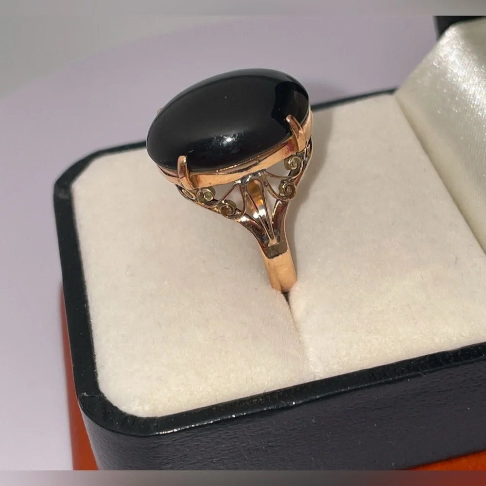 Solid 14K Yellow Rose Gold Natural Black Jade Oval Ring Vintage Estate